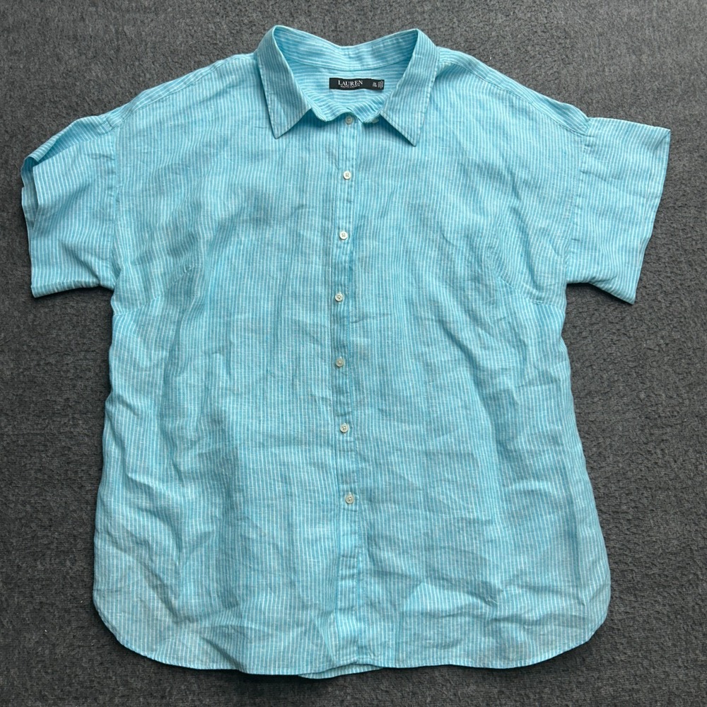 Lauren Ralph Lauren Womens 2X Shirt Linen Dolman Short Sleeve Button Front Blue